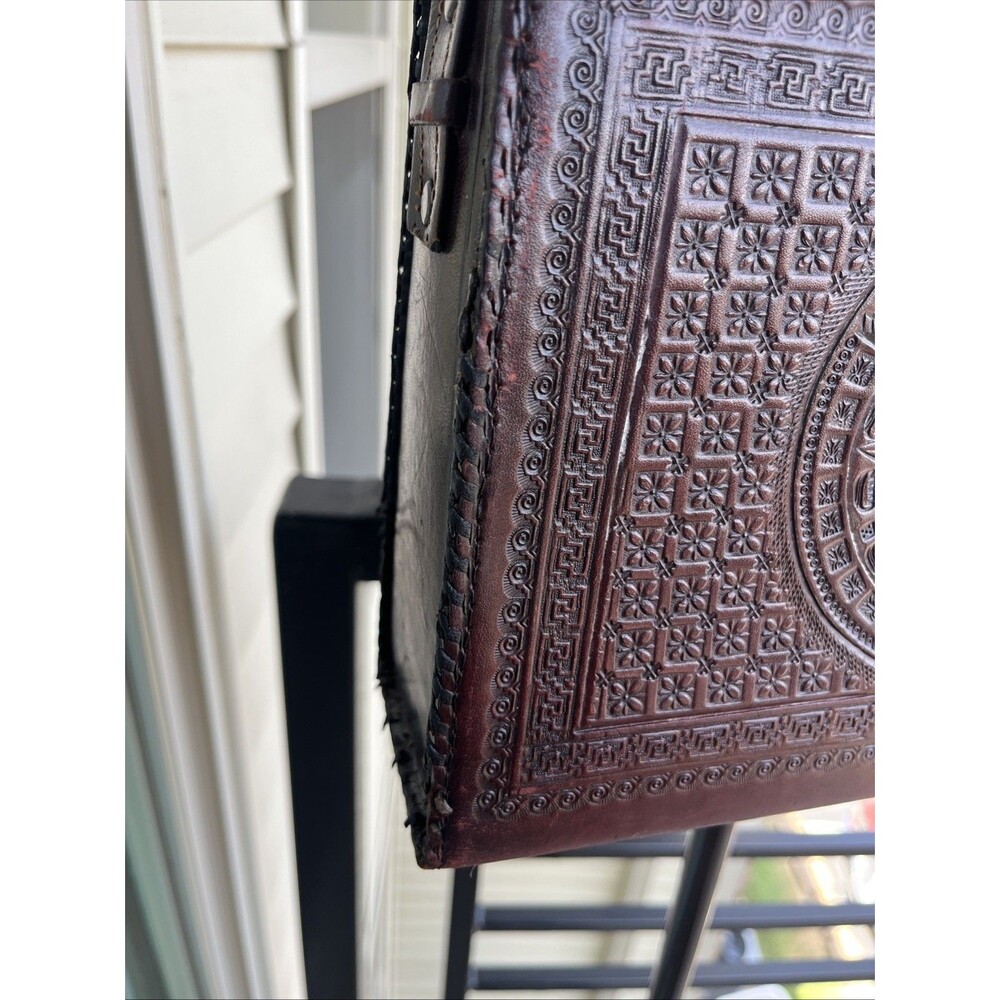 Vintage Mexican Aztec Mayan Tooled Brown Leather Handbag Purse Boho Hippie Vibe - Picture 10 of 16